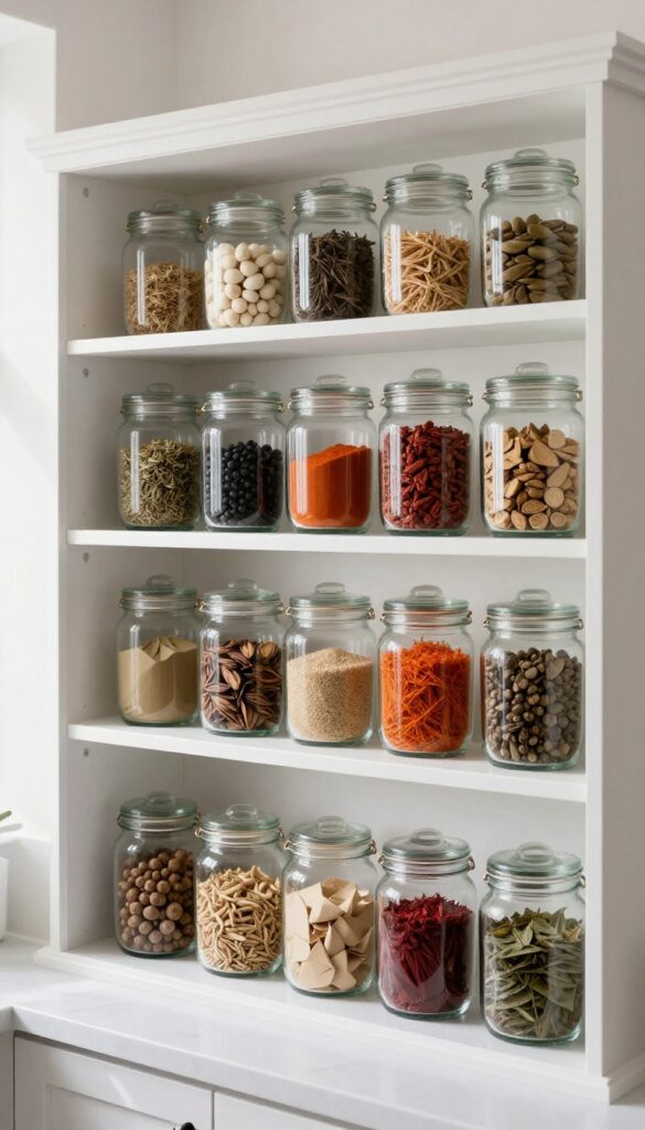Glass jars on a tiered spice rack in a bright butler's pantry
