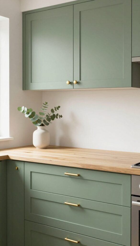 Olive green kitchen cabinets with brass hardware and butcher block countertop in natural light