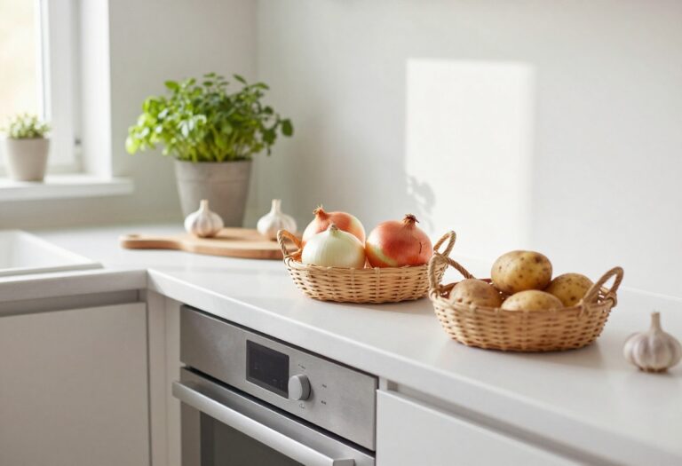 Three woven seagrass baskets on a kitchen counter filled with onions, potatoes, and garlic, with natural light and a cozy background.