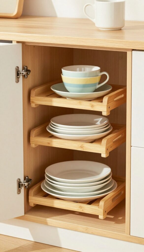 Open kitchen cabinet with bamboo stackable shelf risers creating two levels of organized plates and bowls.