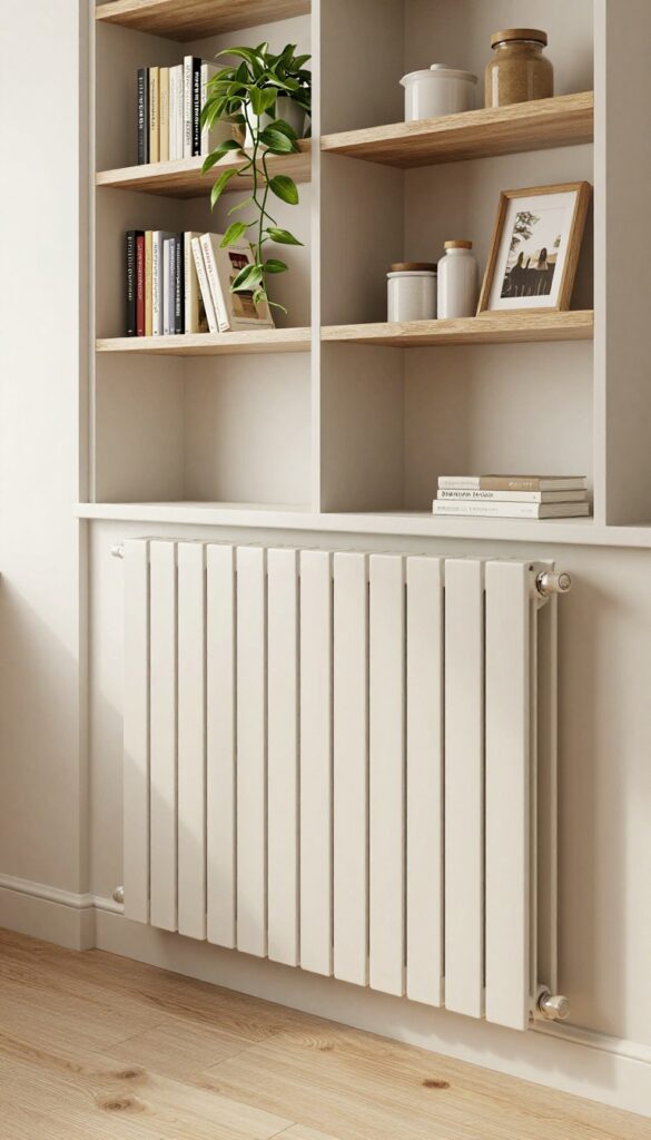 Kitchen radiator cover with built-in bookshelves styled with cookbooks and plants