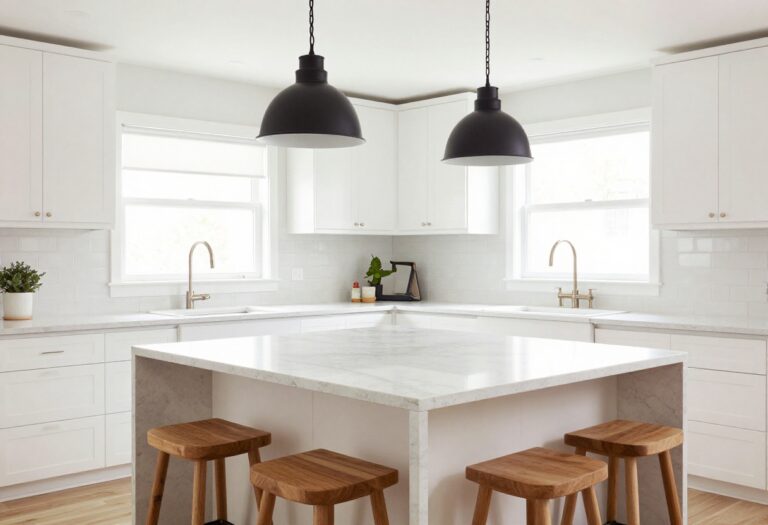 Modern kitchen island with quartz countertop, wood stools, and pendant lights