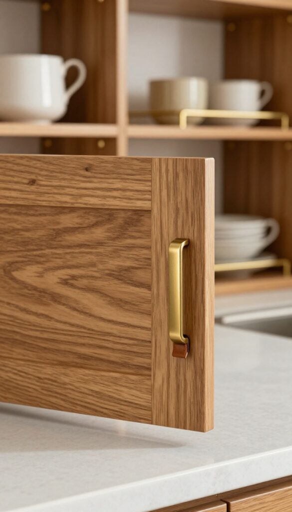 Close-up of a kitchen cabinet door combining warm oak wood and brushed brass metal mesh, with leather pull, on a matte quartz countertop, bright natural light.