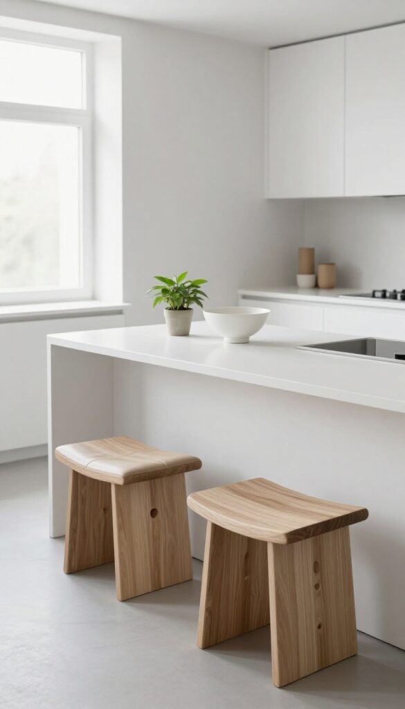 Minimalist saddle seats tucked under a kitchen island with a slim overhang, light wood tones, and a small plant and fruit bowl on the counter.