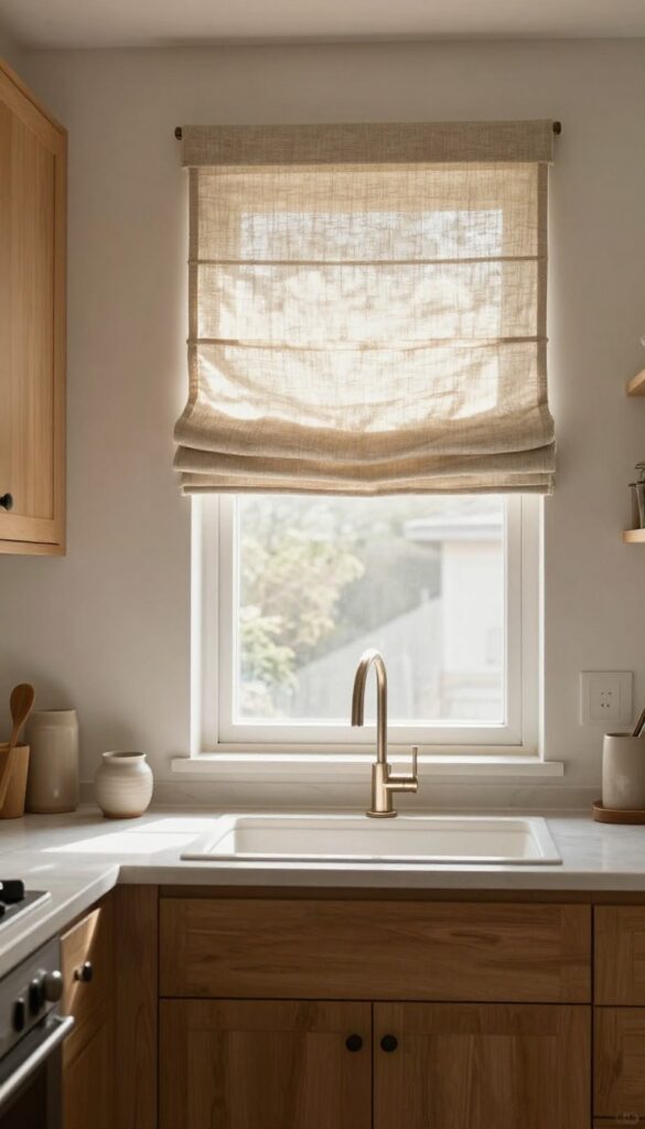 Warm oak kitchen with soft linen roman shades at the window, natural light filtering through, cozy and inviting atmosphere.