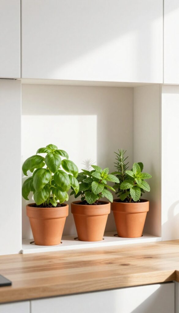 Kitchen niche with small terracotta pots of basil, mint, and rosemary on a shallow shelf near a sunny window, with soft natural light and clean minimalist decor.