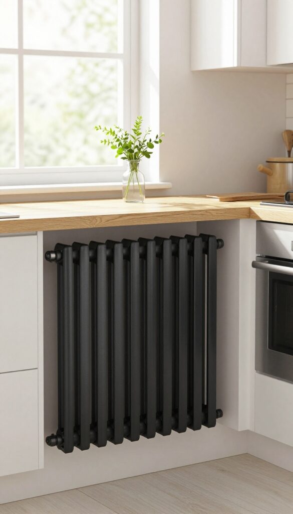 Minimalist metal radiator cover with clean lines in a bright kitchen