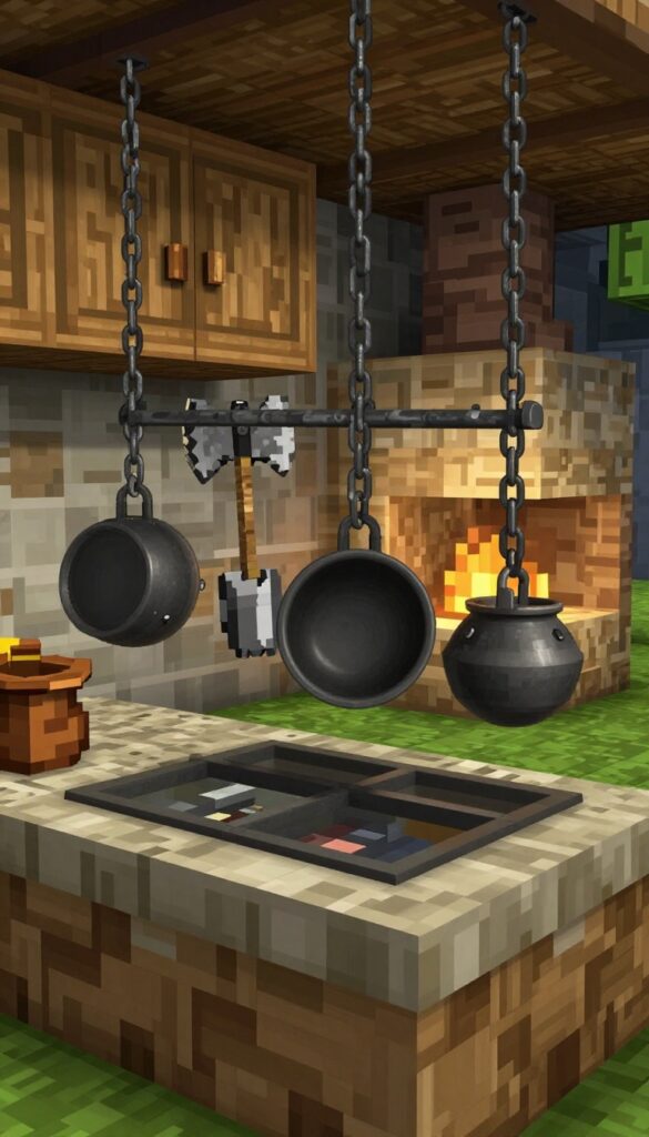 Minecraft small kitchen with hanging pot rack made of chains and trapdoors, rustic chef-inspired decor, warm lighting, photorealistic style