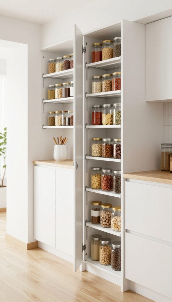 Slim pull-out pantry cabinet in a narrow hallway kitchen, organized with dry goods and spices.