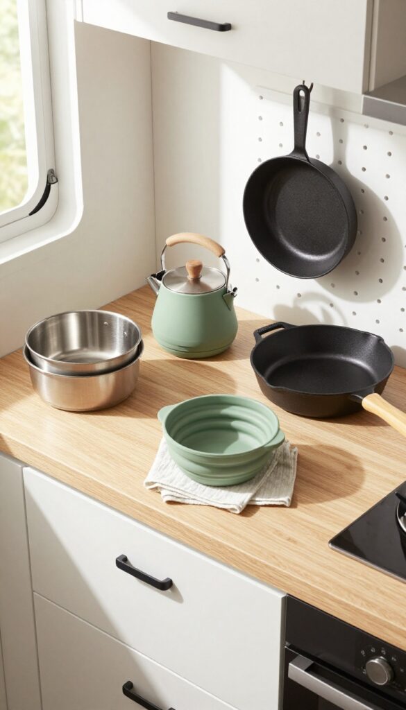 Compact nesting cookware set and collapsible kettle arranged on light wood countertop in campervan kitchen