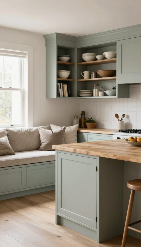 L-shaped kitchen island with corner storage, banquette seating, painted wood cabinets, open shelves, and natural light.