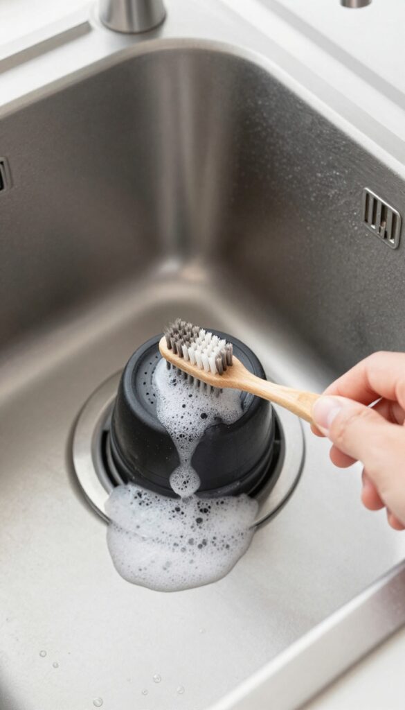 Person scrubbing garbage disposal splash guard with old toothbrush and dish soap