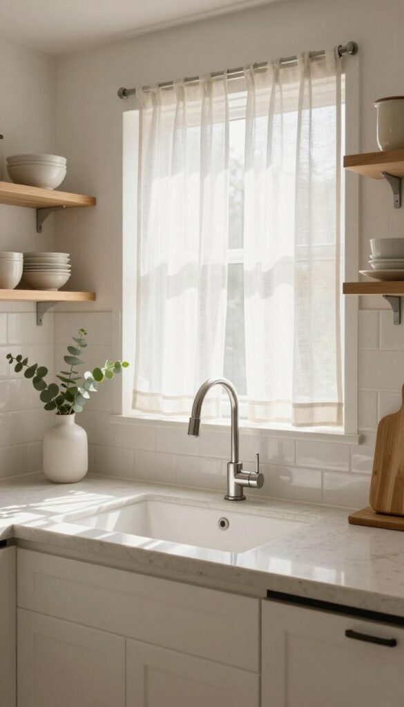 Small kitchen with sheer white curtains over sink, pale countertops, and natural light creating an open, airy feel.