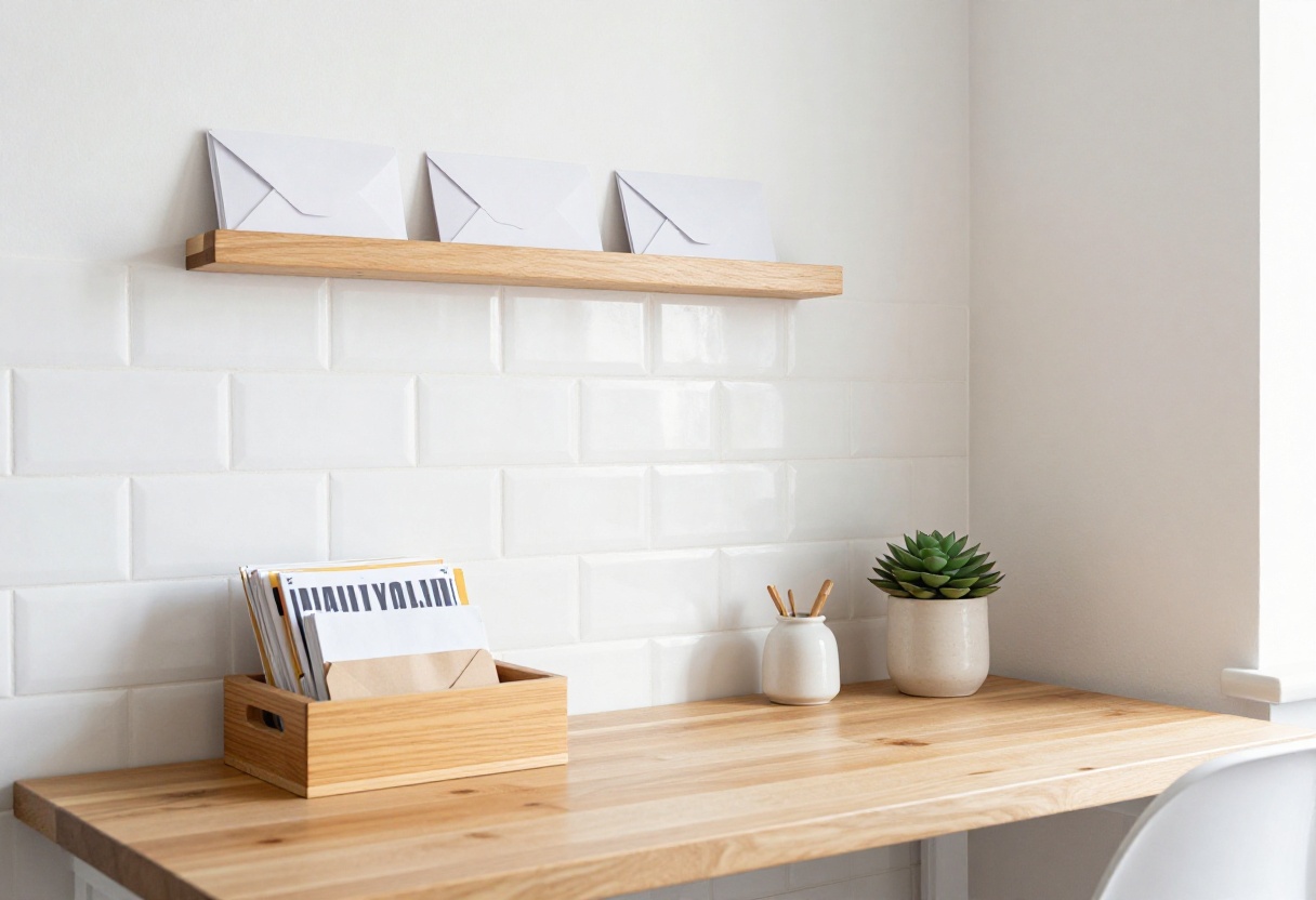 Organized kitchen desk with mail tray, succulent, and wall file, bright natural light.