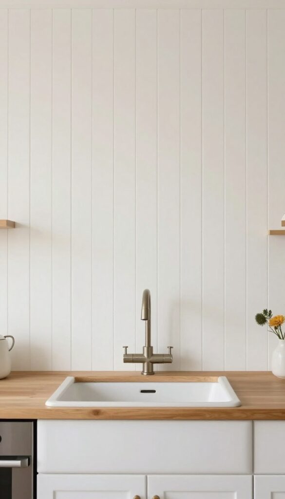 Kitchen with beadboard accent wall, farmhouse style, warm and inviting