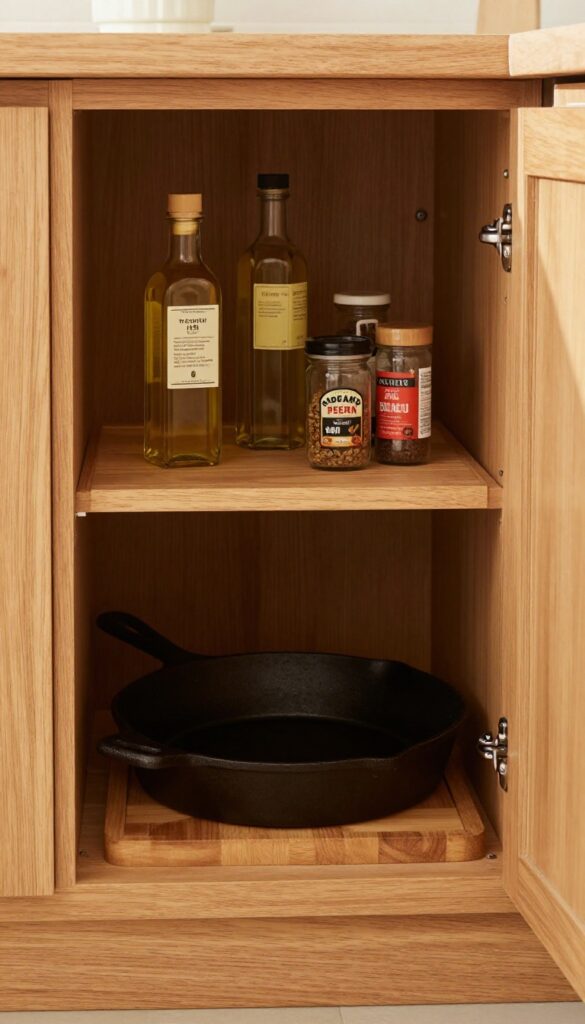 Two-tier wooden lazy Susan in a deep corner kitchen cabinet with cast iron skillet and spice jars