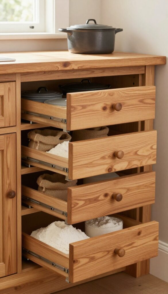Farmhouse pantry deep cabinet with pull-out wooden drawers holding pots and burlap sacks, natural lighting