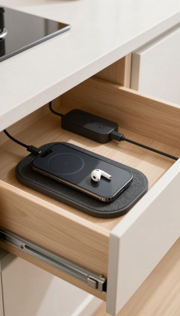 Modern kitchen island with hidden charging station in a drawer, featuring wireless charger and felt liner