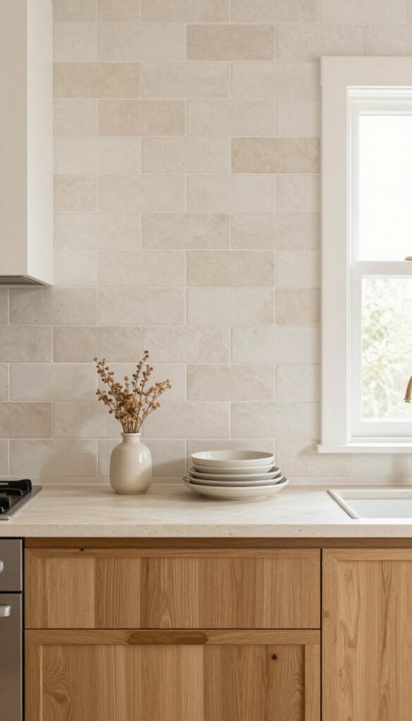 Kitchen with oak cabinets and a neutral textured backsplash