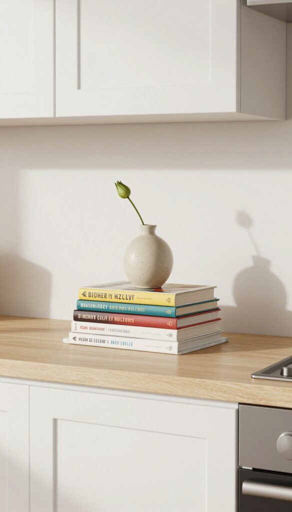 Stacked cookbooks with a bookend on top of kitchen cabinets, topped with a small vase