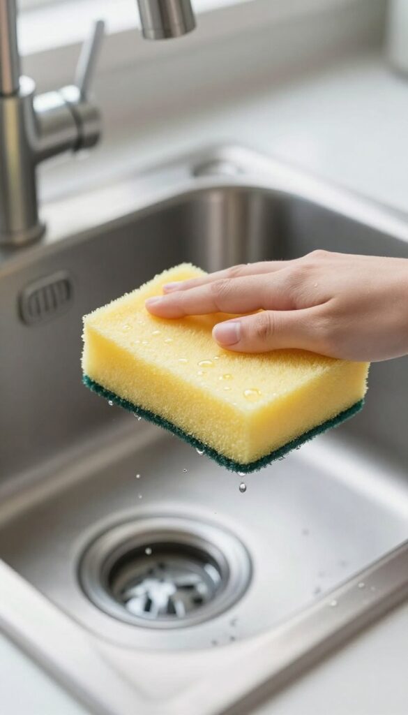 Hand wiping a shiny stainless steel sink with a soft sponge, bright natural light, clean and reflective surface