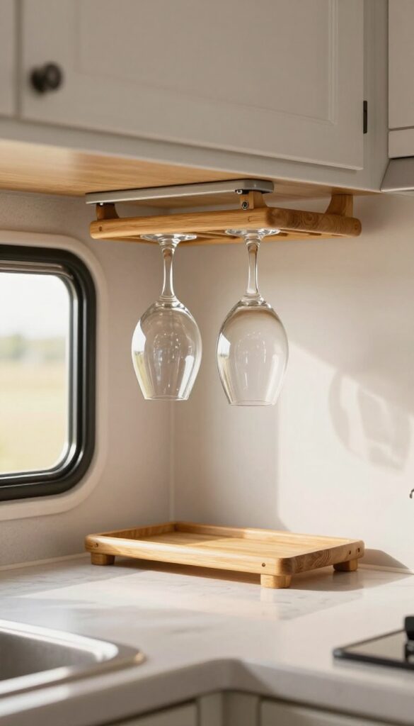 Under-cabinet bamboo wine glass rack in a cozy RV kitchen with natural light.