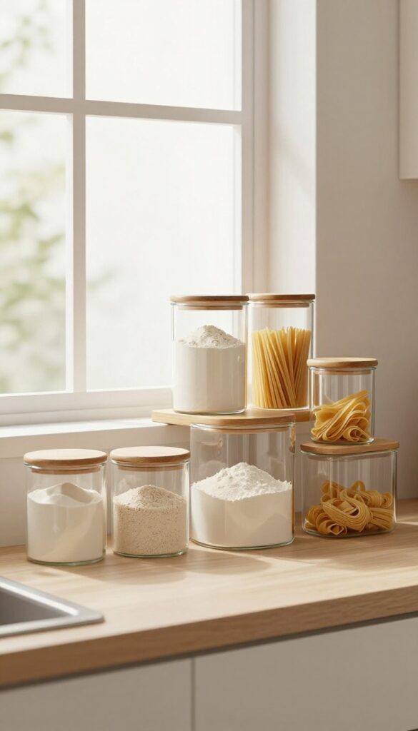 Nesting glass containers with bamboo lids stacked on open kitchen shelving, filled with dry goods, clean and organized pantry.