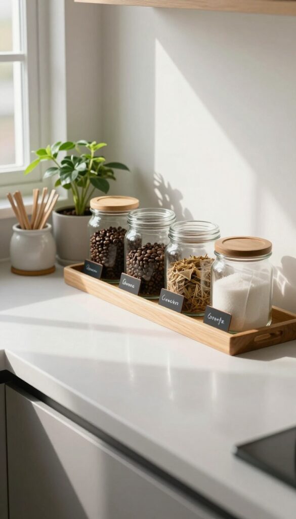 Kitchen counter with labeled jars on a tray for coffee and tea organization