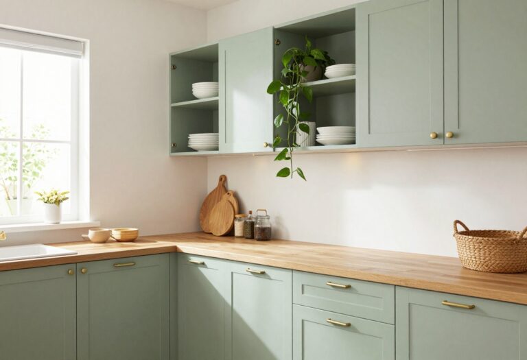 Cozy kitchen with sage green IKEA cabinets, open shelving, and warm lighting
