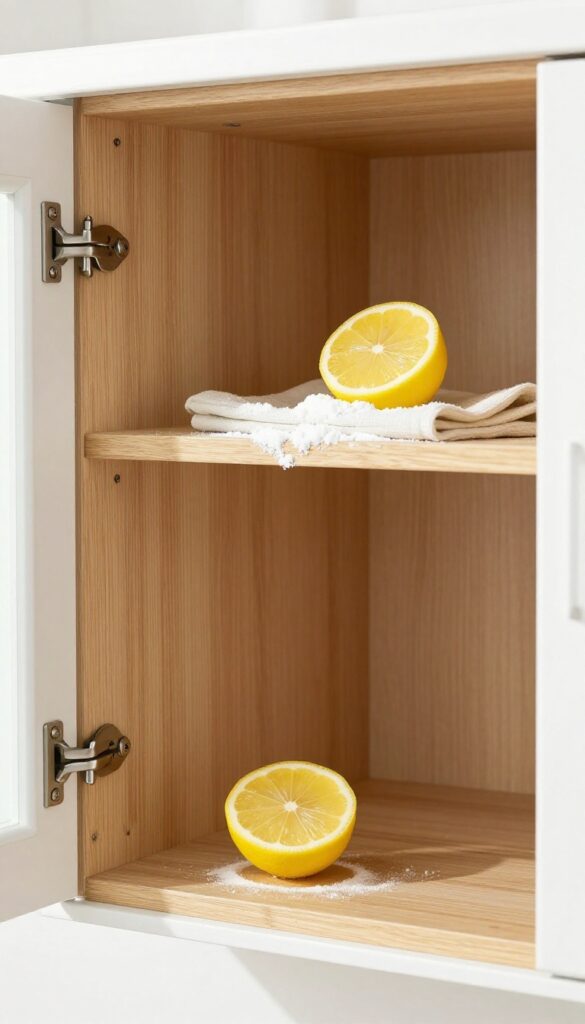 Open wooden cabinet with baking soda on shelf and lemon half, natural light