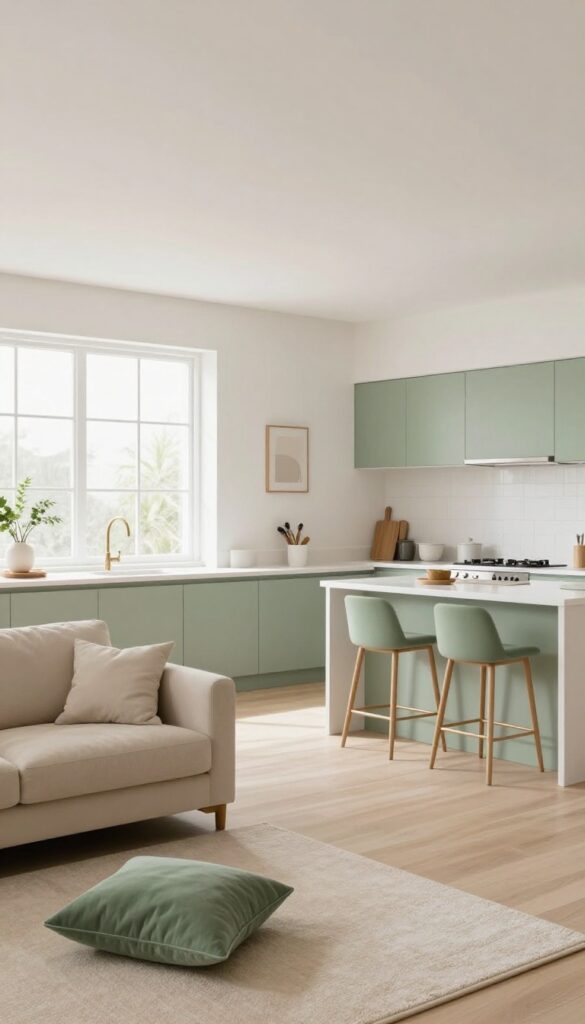 Small open kitchen and living room with cohesive color palette of white, beige, and muted sage green
