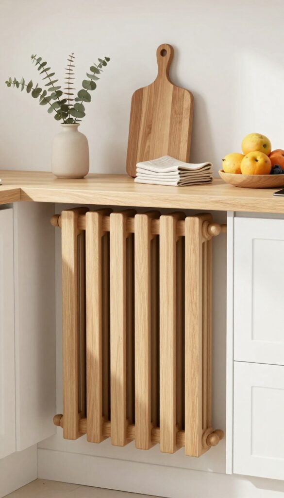 Kitchen with slatted wood radiator cover and styled shelf