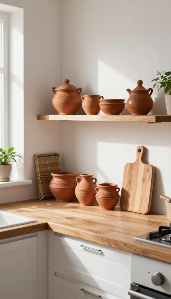Open kitchen shelves displaying handmade clay cookware, including cazuelas and a molcajete, with warm wood countertops and natural light.