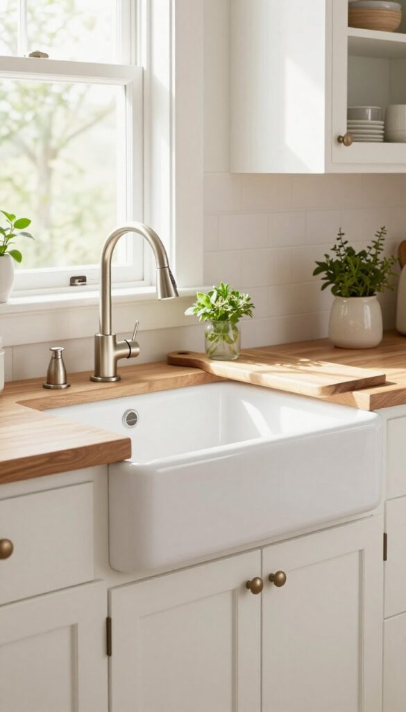 Farmhouse apron-front sink on a kitchen island with butcher block countertops and a gooseneck faucet.