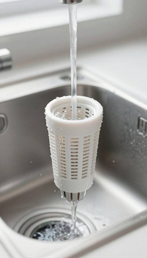 Close-up of a clean dishwasher filter being rinsed under running water in a kitchen sink.