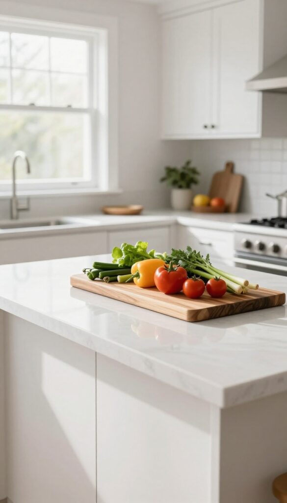 White kitchen island with a butcher block contrast strip on the edge, warm wood grain against white quartz countertop