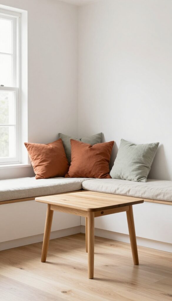 Cozy kitchen corner banquette with natural linen cushions and wooden table