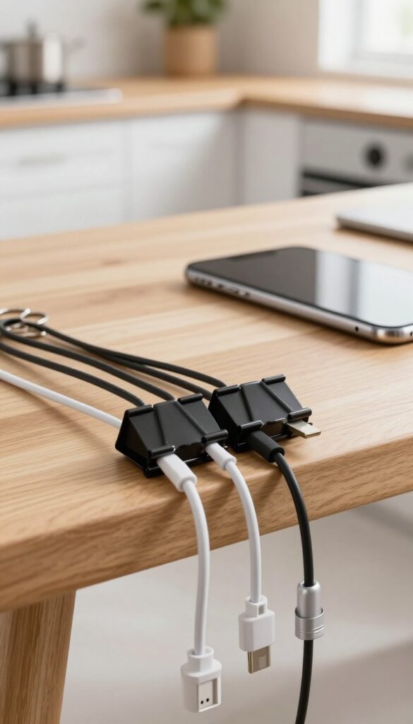 Binder clips on desk edge holding charging cables, organized cord management on a kitchen desk.