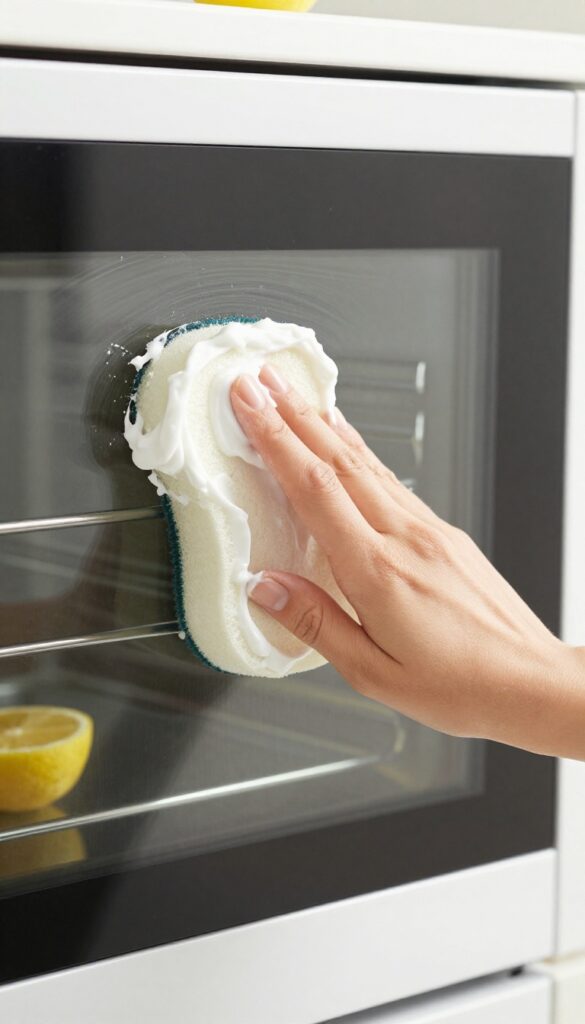 Hand applying cream of tartar and lemon juice paste to oven glass