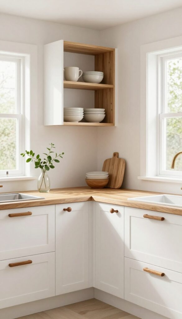 White kitchen cabinets with wooden pulls and knobs, butcher block countertop, open shelving, natural light, calm and warm atmosphere.