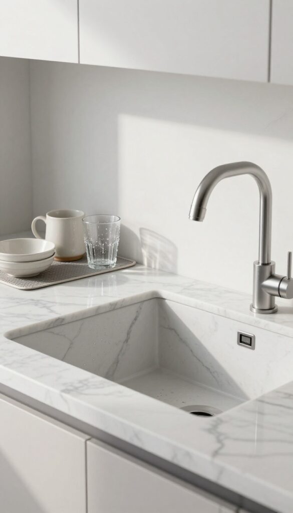 Marble shelf above kitchen sink with drying dishes, natural light
