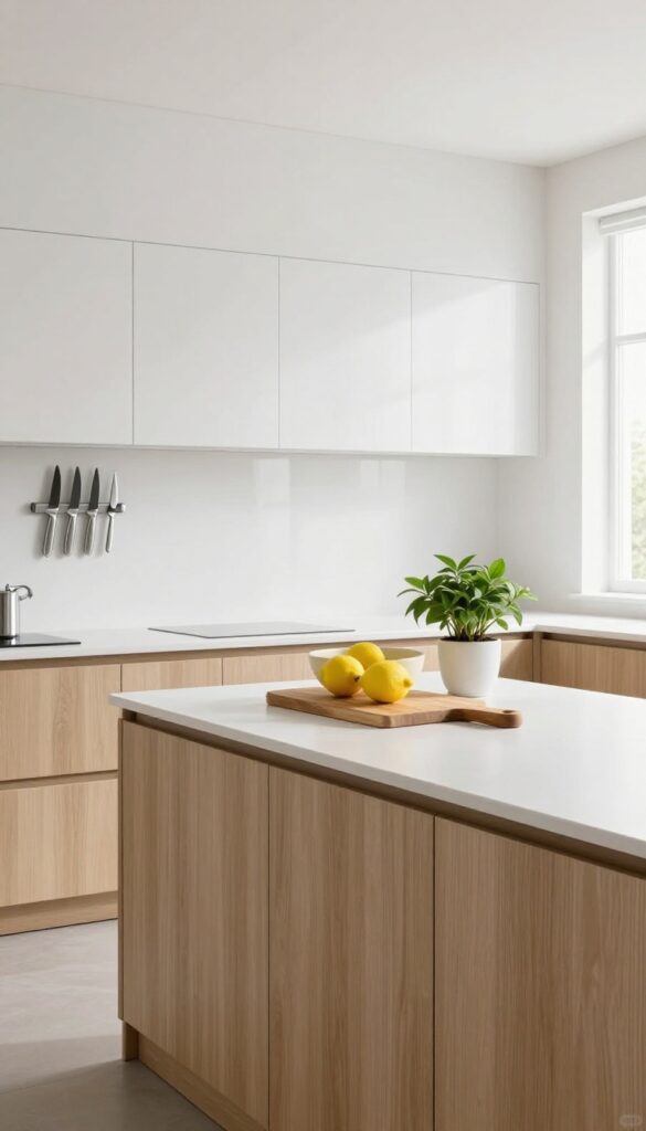 White porcelain panel kitchen backsplash with fold-down table, cutting board, lemons, and plant, bright natural light.
