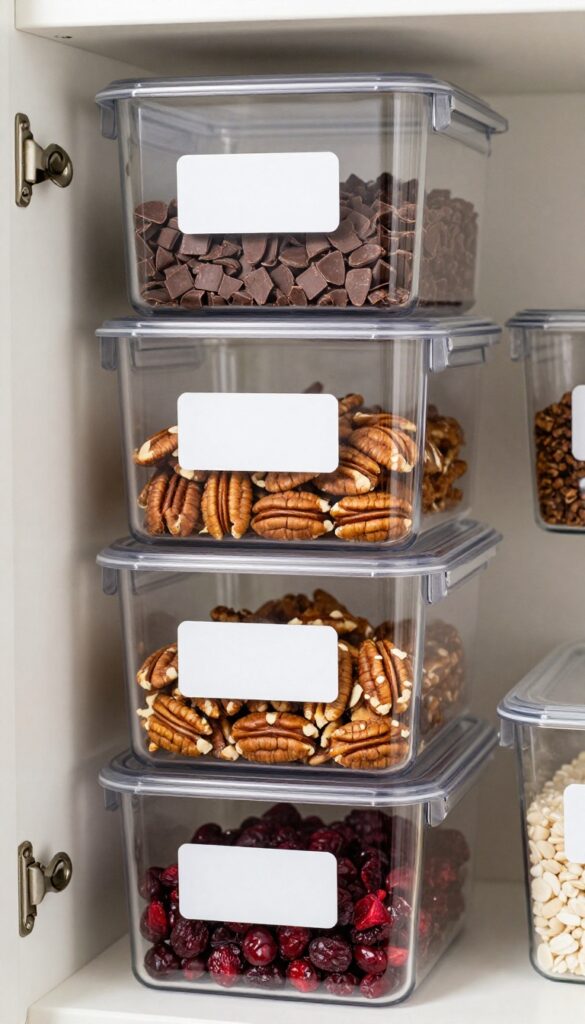 Clear stackable bins filled with chocolate chips, nuts, and dried fruit on a pantry shelf, organized and labeled.
