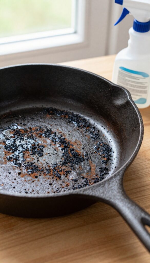 Close-up of a cast iron skillet with flaking seasoning and rust, being prepared for stripping with oven cleaner and a plastic bag nearby.