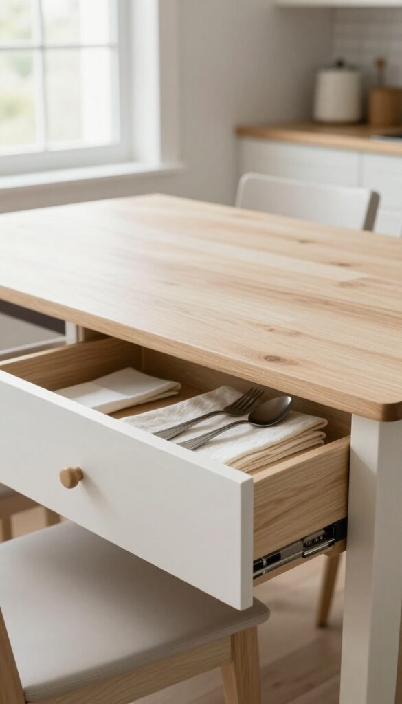 Under-table drawer for flatware and napkins in a modern farmhouse kitchen eating area