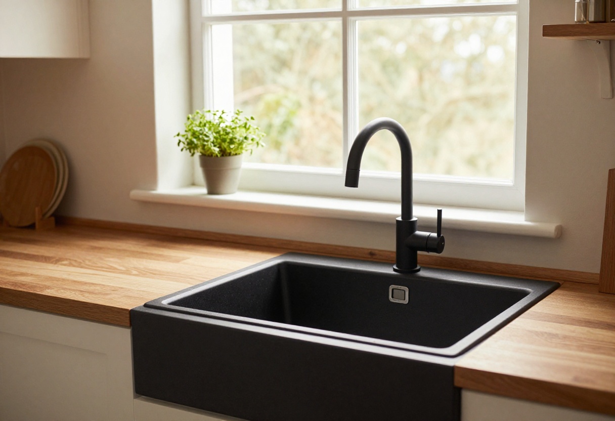 Cozy Indian kitchen sink area with wooden drainboard, herb plant, and warm lighting