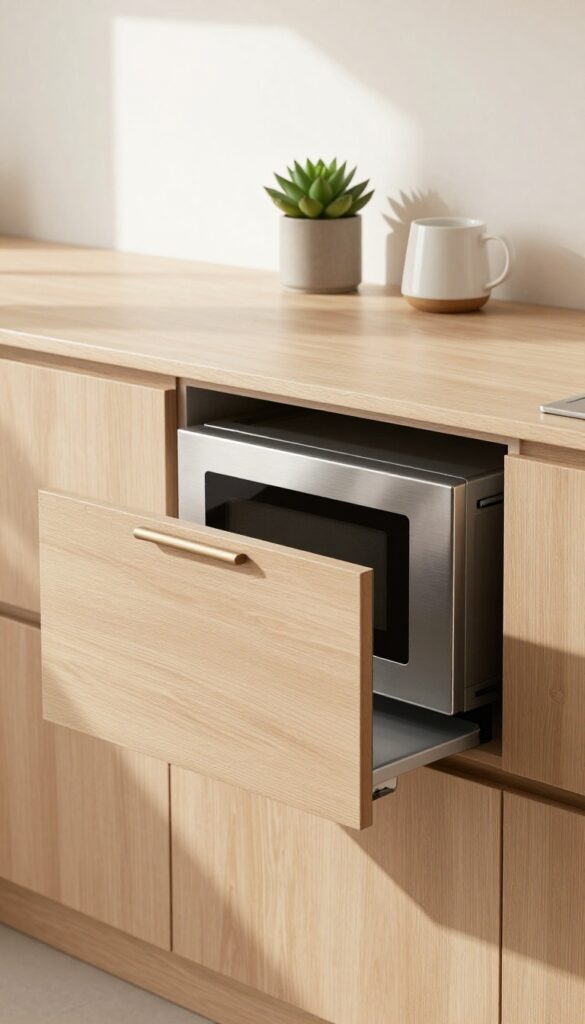 A kitchen island with a built-in microwave drawer open, showing a clean interior and a coffee station on the countertop above.