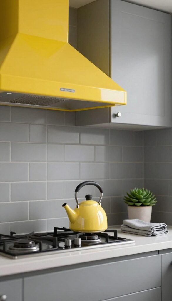 Small kitchen with grey cabinets and a bright yellow range hood as a statement piece, natural light, clean minimalist style