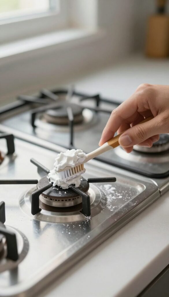 Hand scrubbing a stove burner cap with a toothbrush and baking soda paste