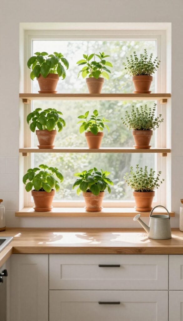 Floating herb garden shelves in a sunny kitchen with wooden shelves and terra-cotta pots of basil and mint.